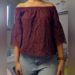 Finn And Grace Lace Off-Shoulder Top - Burgundy